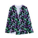 Purple And Green Leaf Pattern Print Long Sleeve Short Coat