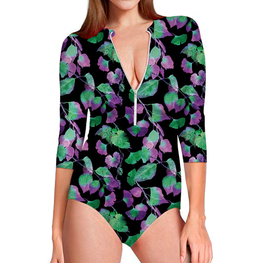 Purple And Green Leaf Pattern Print Long Sleeve Swimsuit