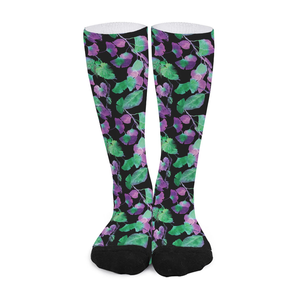 Purple And Green Leaf Pattern Print Long Socks