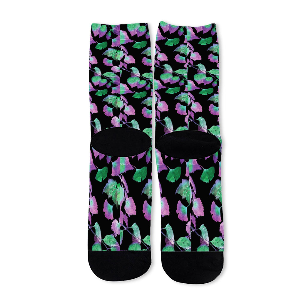 Purple And Green Leaf Pattern Print Long Socks