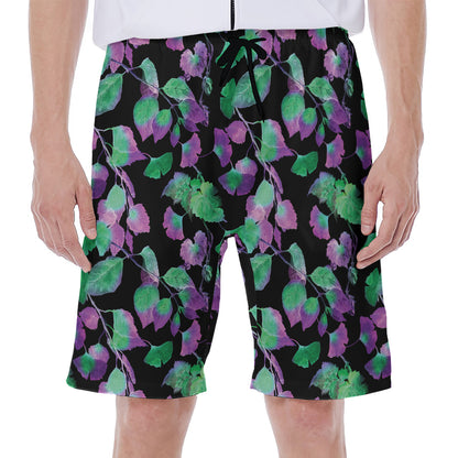 Purple And Green Leaf Pattern Print Men's Beach Shorts