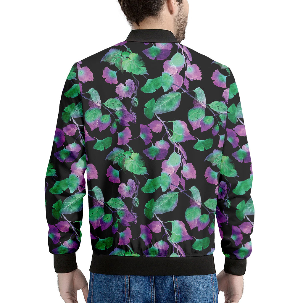 Purple And Green Leaf Pattern Print Men's Bomber Jacket