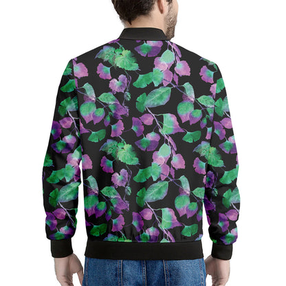 Purple And Green Leaf Pattern Print Men's Bomber Jacket