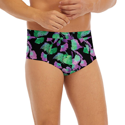 Purple And Green Leaf Pattern Print Men's Briefs