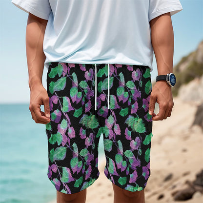 Purple And Green Leaf Pattern Print Men's Cargo Shorts