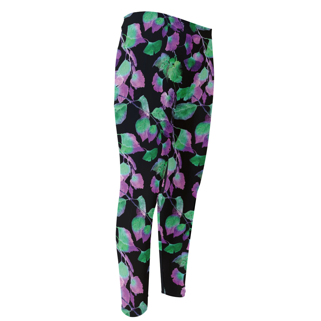 Purple And Green Leaf Pattern Print Men's Compression Pants