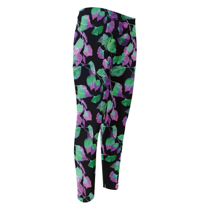 Purple And Green Leaf Pattern Print Men's Compression Pants