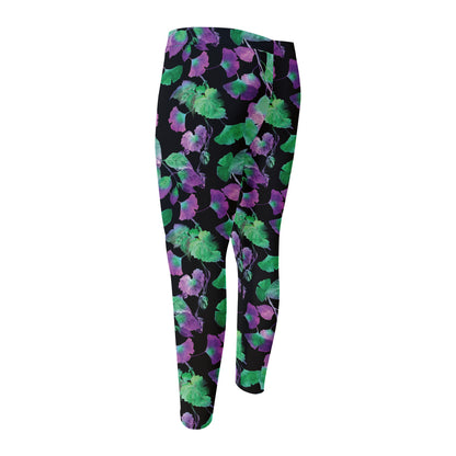 Purple And Green Leaf Pattern Print Men's Compression Pants