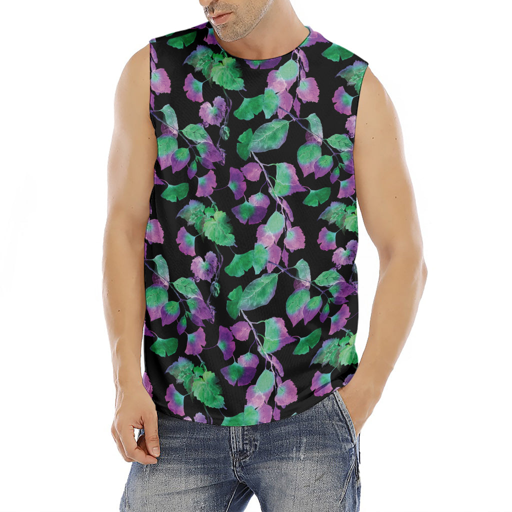 Purple And Green Leaf Pattern Print Men's Fitness Tank Top