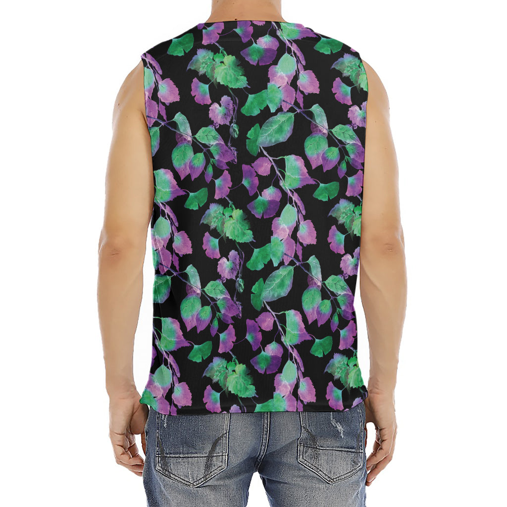Purple And Green Leaf Pattern Print Men's Fitness Tank Top