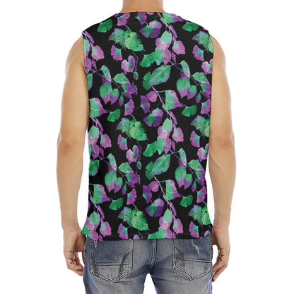 Purple And Green Leaf Pattern Print Men's Fitness Tank Top