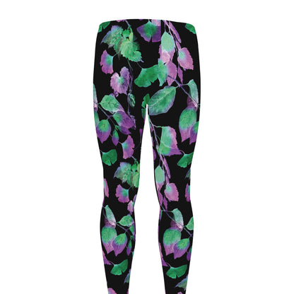 Purple And Green Leaf Pattern Print Men's leggings