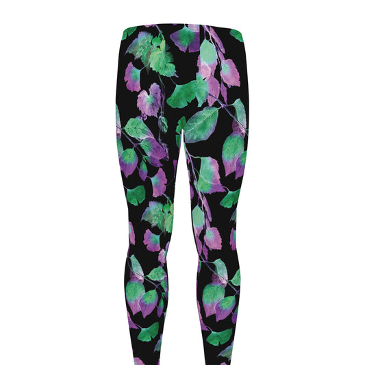Purple And Green Leaf Pattern Print Men's leggings