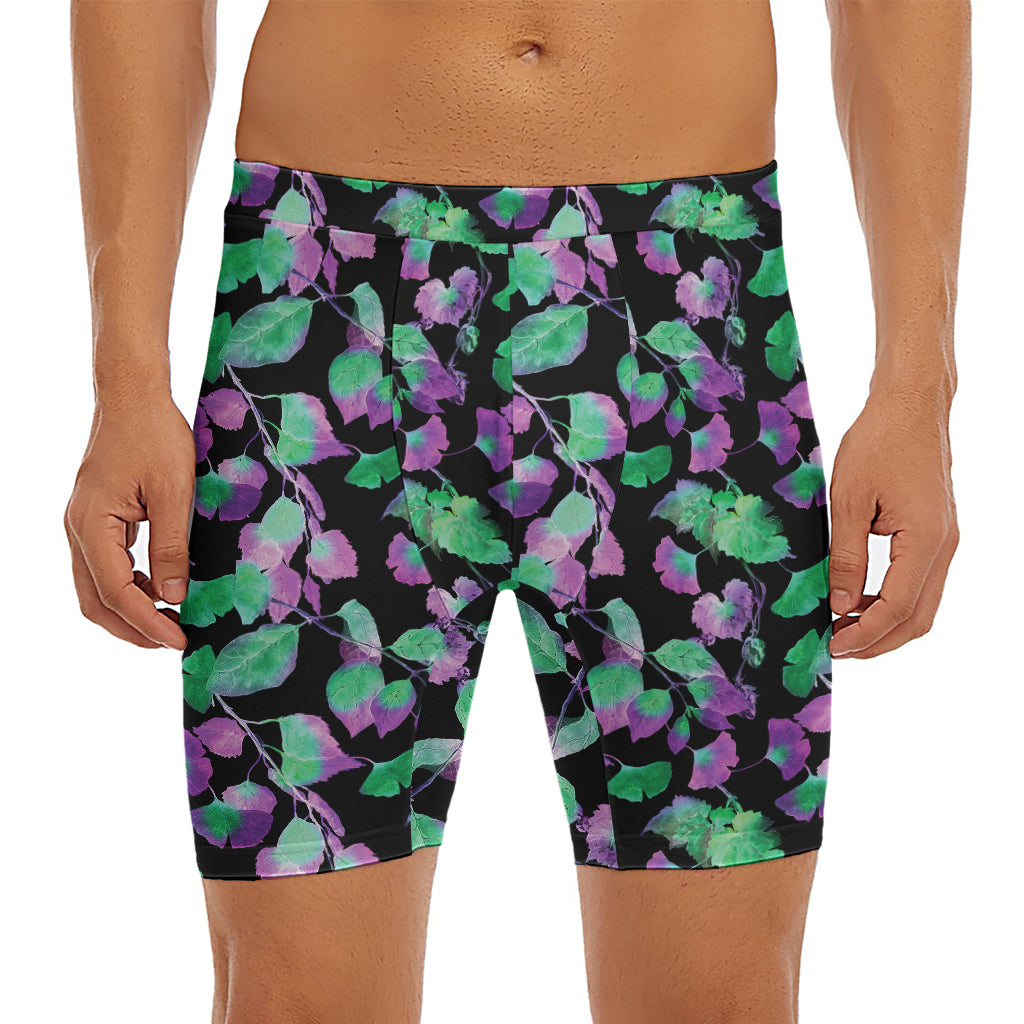 Purple And Green Leaf Pattern Print Men's Long Boxer Briefs