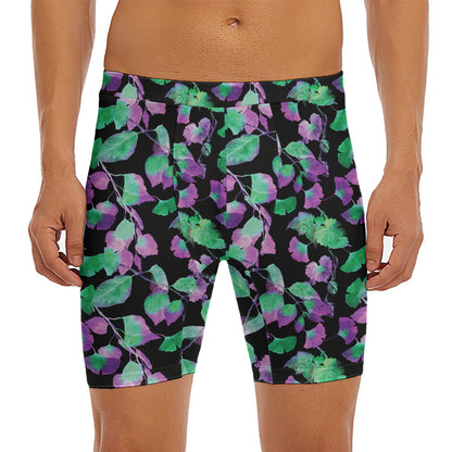Purple And Green Leaf Pattern Print Men's Long Boxer Briefs
