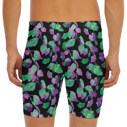 Purple And Green Leaf Pattern Print Men's Long Boxer Briefs