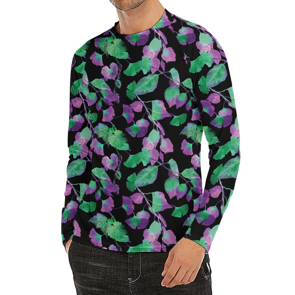 Purple And Green Leaf Pattern Print Men's Long Sleeve Rash Guard