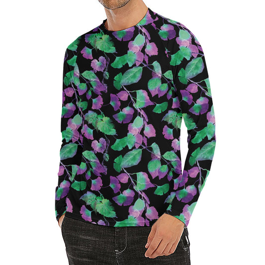 Purple And Green Leaf Pattern Print Men's Long Sleeve Rash Guard