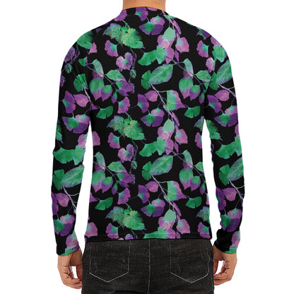 Purple And Green Leaf Pattern Print Men's Long Sleeve Rash Guard