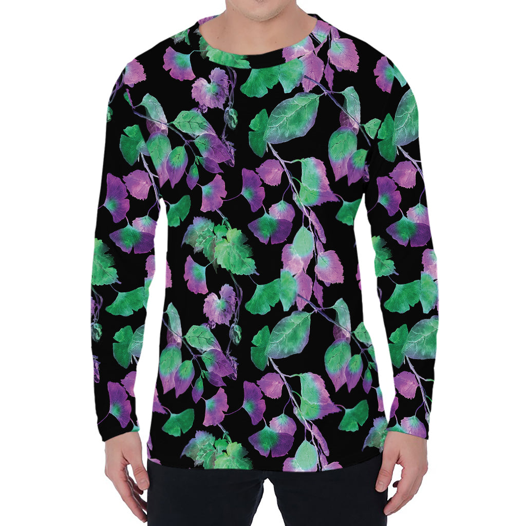 Purple And Green Leaf Pattern Print Men's Long Sleeve T-Shirt