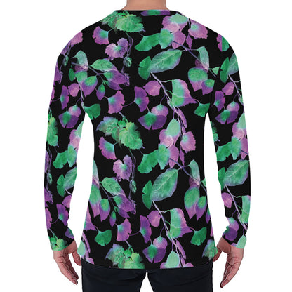 Purple And Green Leaf Pattern Print Men's Long Sleeve T-Shirt