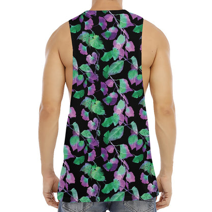Purple And Green Leaf Pattern Print Men's Muscle Tank Top