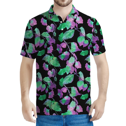 Purple And Green Leaf Pattern Print Men's Polo Shirt