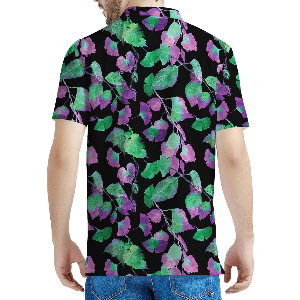 Purple And Green Leaf Pattern Print Men's Polo Shirt