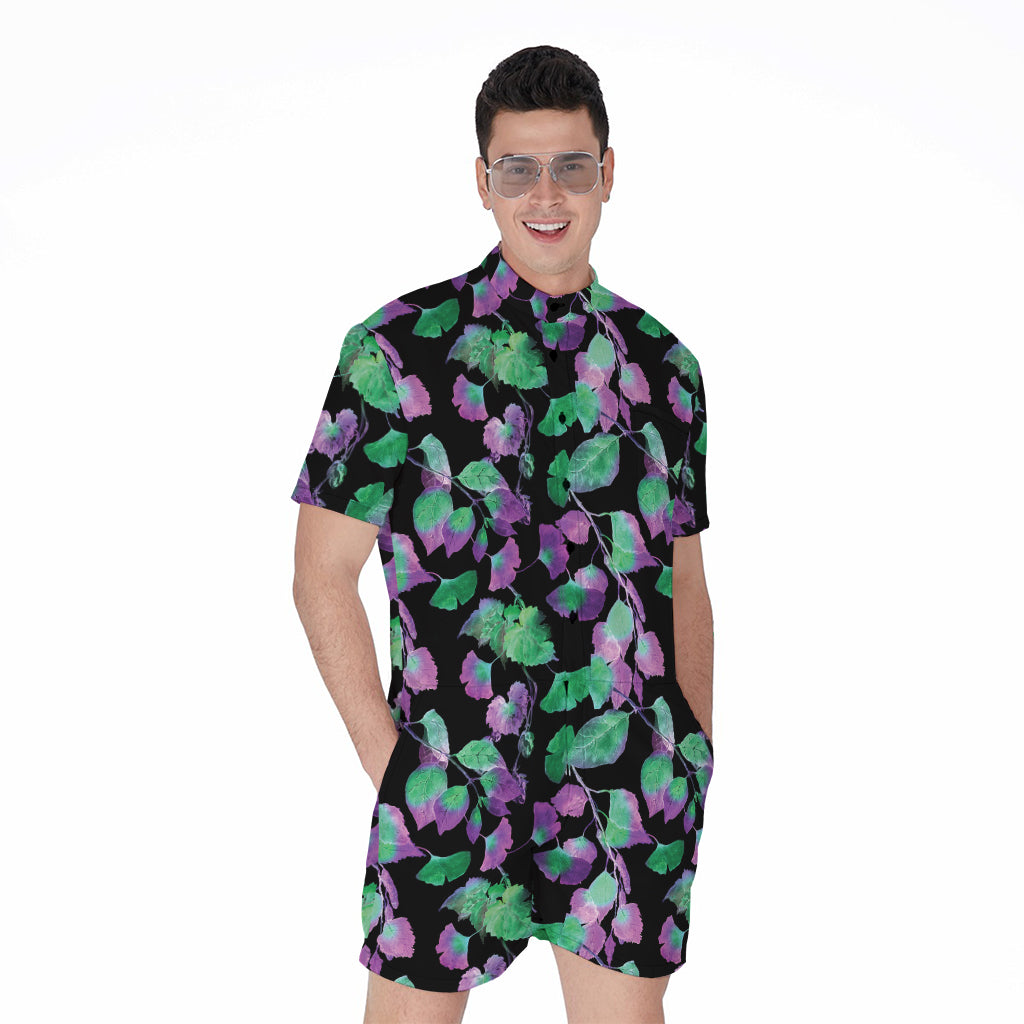 Purple And Green Leaf Pattern Print Men's Rompers