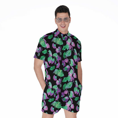 Purple And Green Leaf Pattern Print Men's Rompers