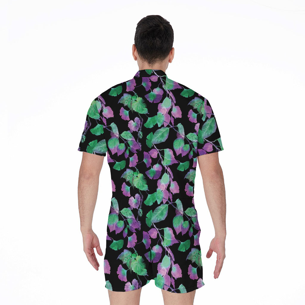 Purple And Green Leaf Pattern Print Men's Rompers