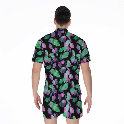 Purple And Green Leaf Pattern Print Men's Rompers