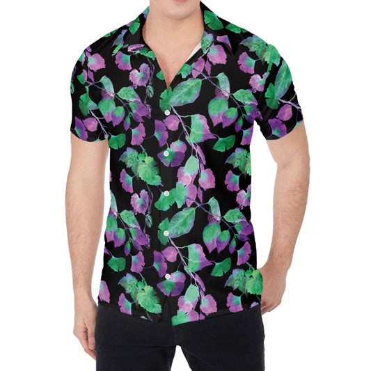 Purple And Green Leaf Pattern Print Men's Shirt