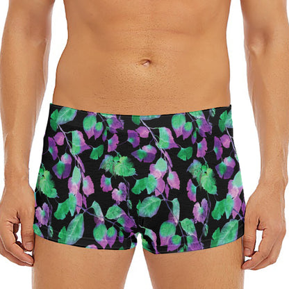 Purple And Green Leaf Pattern Print Men's Short Boxer Briefs