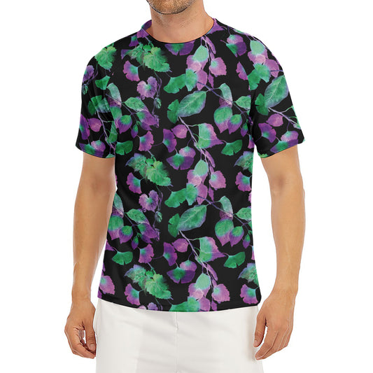 Purple And Green Leaf Pattern Print Men's Short Sleeve Rash Guard