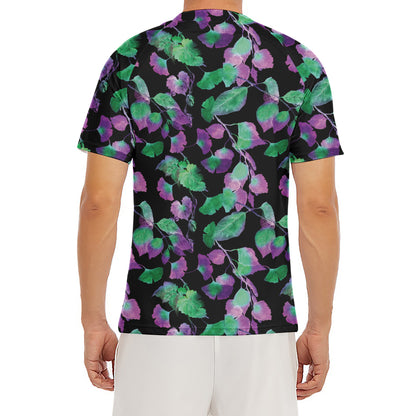 Purple And Green Leaf Pattern Print Men's Short Sleeve Rash Guard