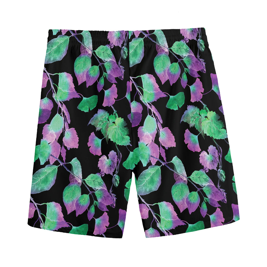 Purple And Green Leaf Pattern Print Men's Sports Shorts