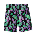 Purple And Green Leaf Pattern Print Men's Sports Shorts