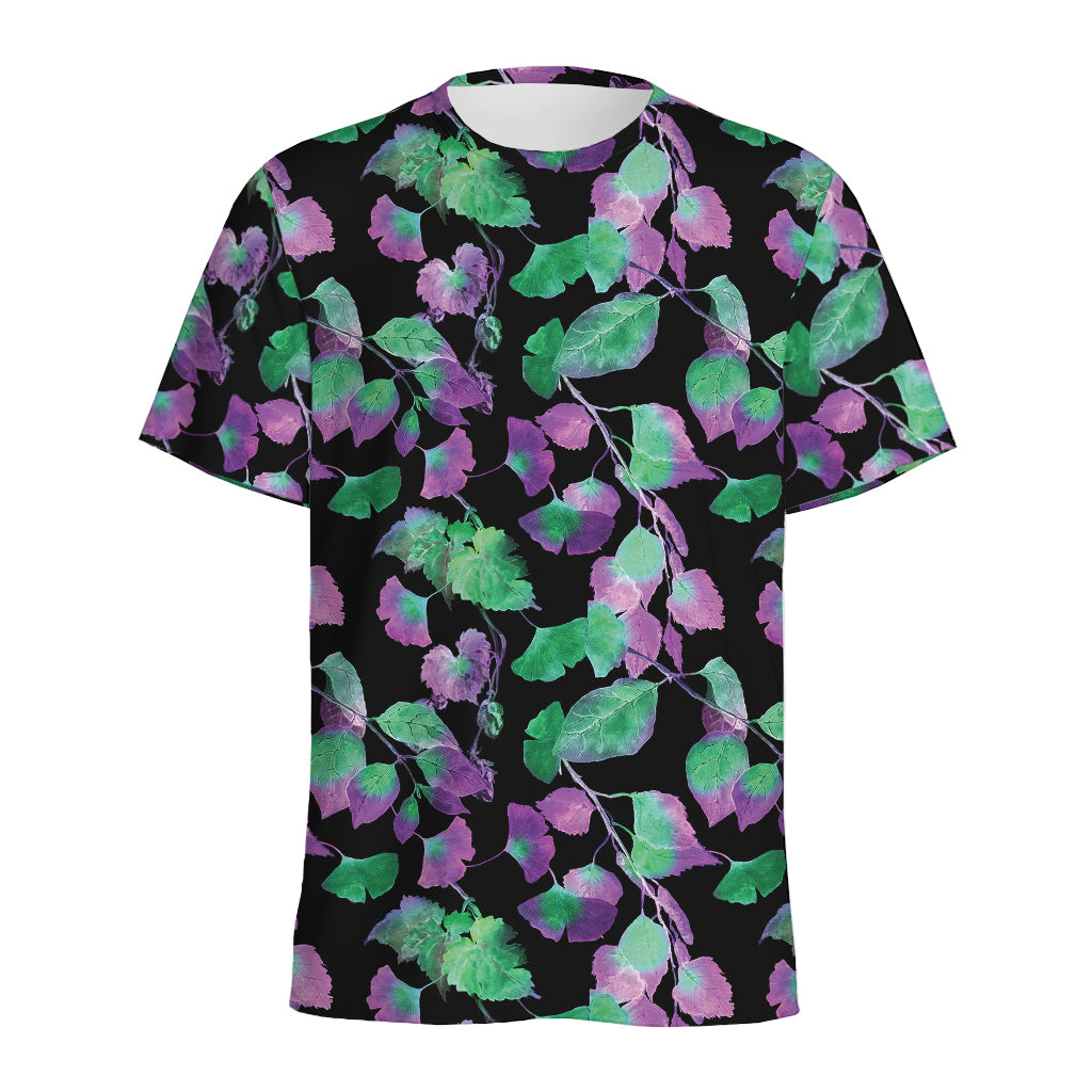 Purple And Green Leaf Pattern Print Men's Sports T-Shirt