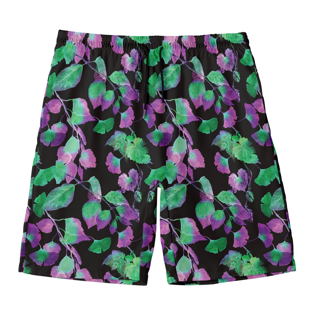 Purple And Green Leaf Pattern Print Men's Swim Trunks