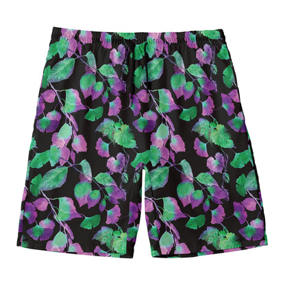 Purple And Green Leaf Pattern Print Men's Swim Trunks
