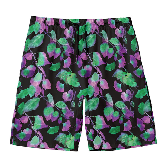 Purple And Green Leaf Pattern Print Men's Swim Trunks