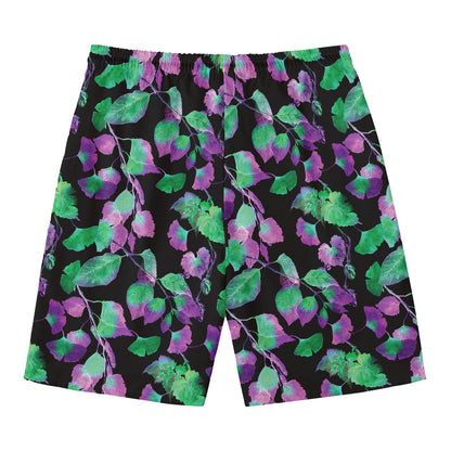 Purple And Green Leaf Pattern Print Men's Swim Trunks