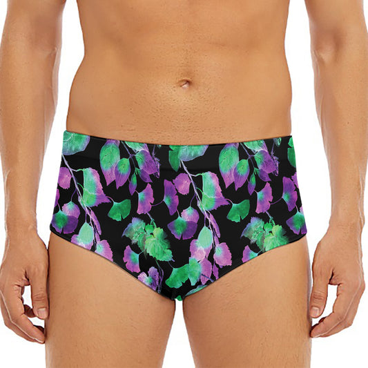 Purple And Green Leaf Pattern Print Men's Triangle Swim Briefs
