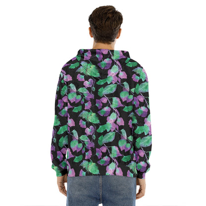 Purple And Green Leaf Pattern Print Men's Velvet Pullover Hoodie