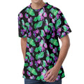 Purple And Green Leaf Pattern Print Men's Velvet T-Shirt