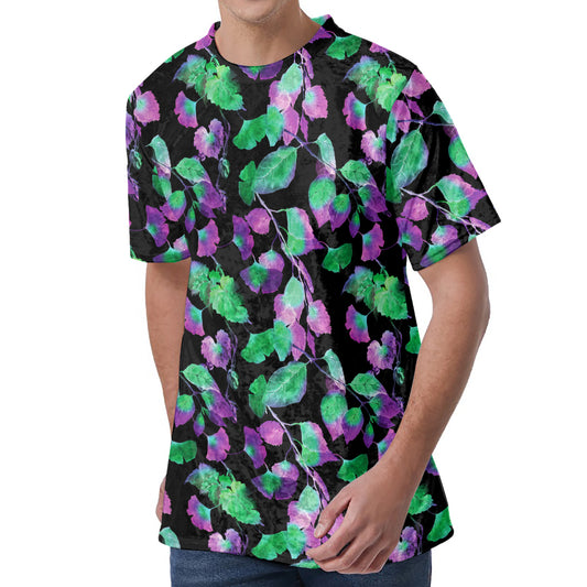 Purple And Green Leaf Pattern Print Men's Velvet T-Shirt