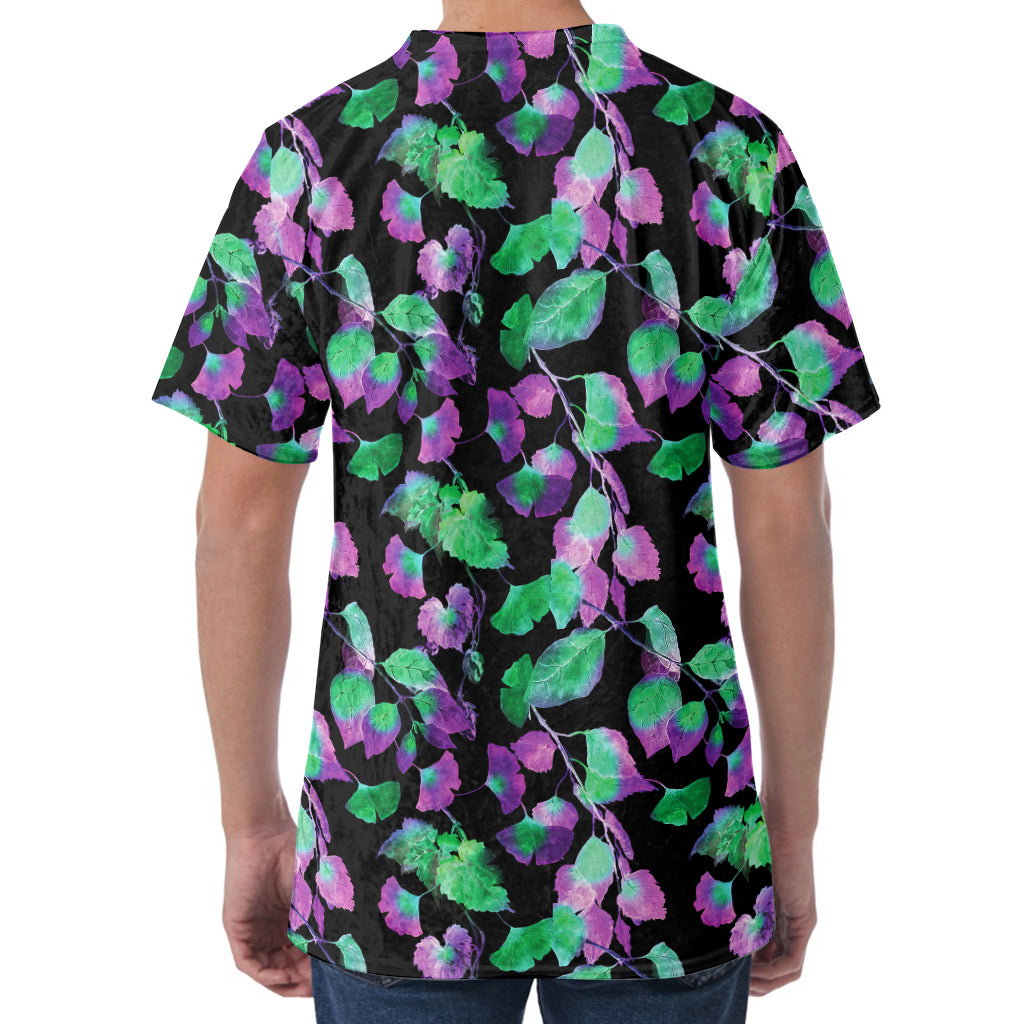 Purple And Green Leaf Pattern Print Men's Velvet T-Shirt