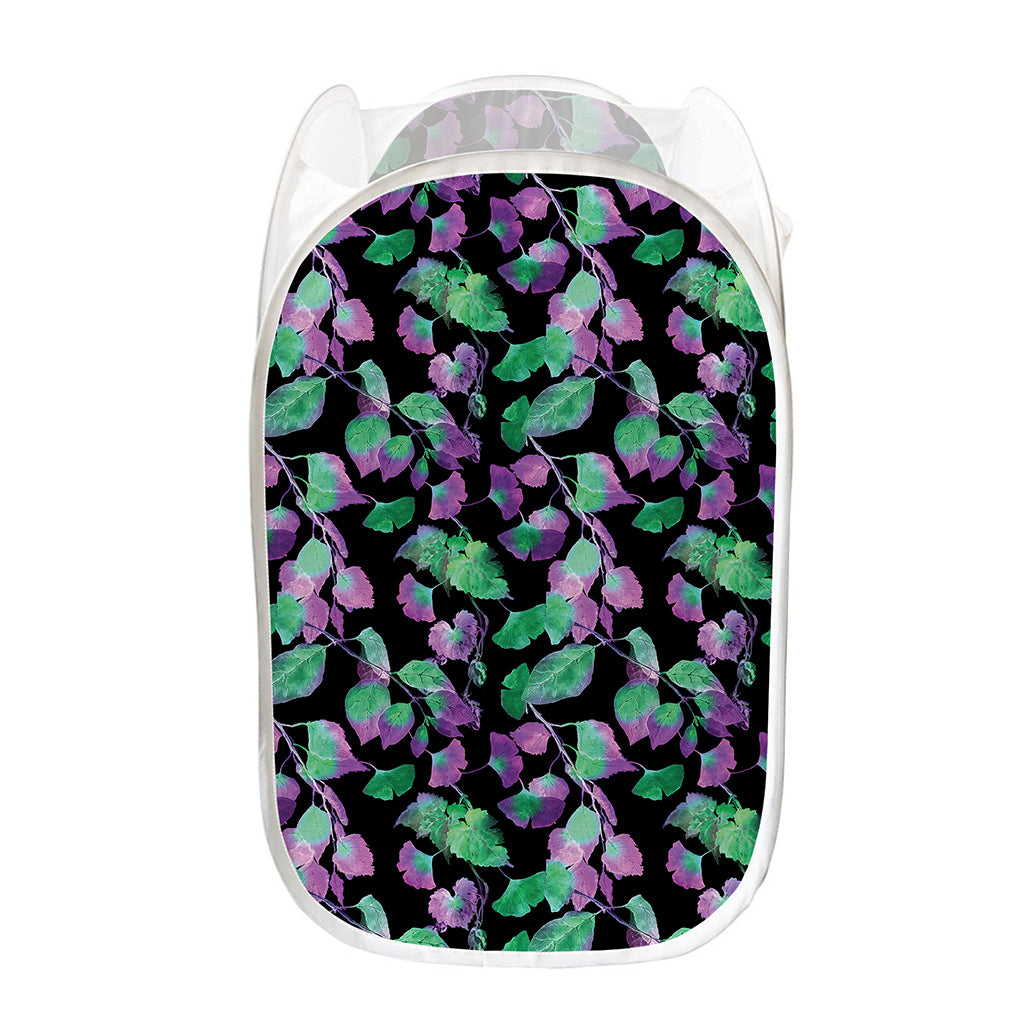 Purple And Green Leaf Pattern Print Mesh Laundry Hamper
