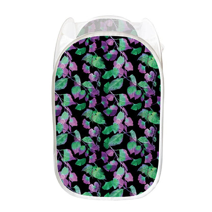 Purple And Green Leaf Pattern Print Mesh Laundry Hamper